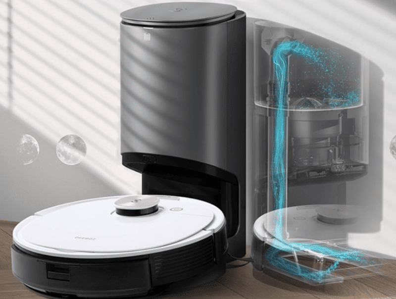Die Funktionsweise der Absaugstation des Ecovacs Deebot T9 AIVI wird dargestellt